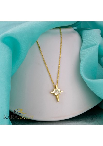 Gümüş Kolye Swarovskı Taşlı Kutup Yıldızı Temalı Altın Renk Kaplama Bayan Kolye