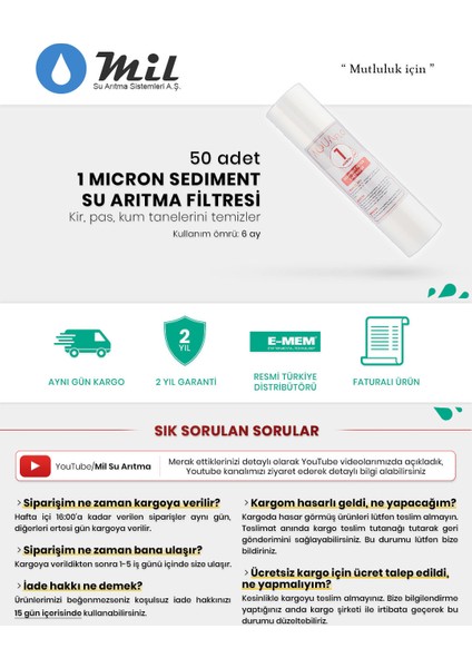 Milsuart Açık Kasa Su Arıtma Cihazı için 1 Mikron Sediment Filtre 50 Adet fiyatları