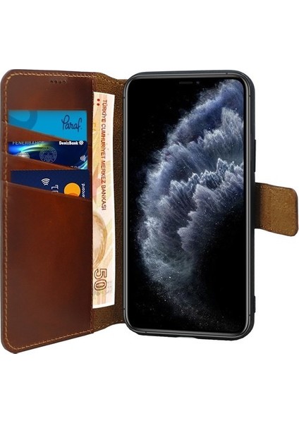 Apple iPhone 12 Pro Kılıf Kart ve Para Gözlü Hakiki Deri Cüzdan Kahverengi