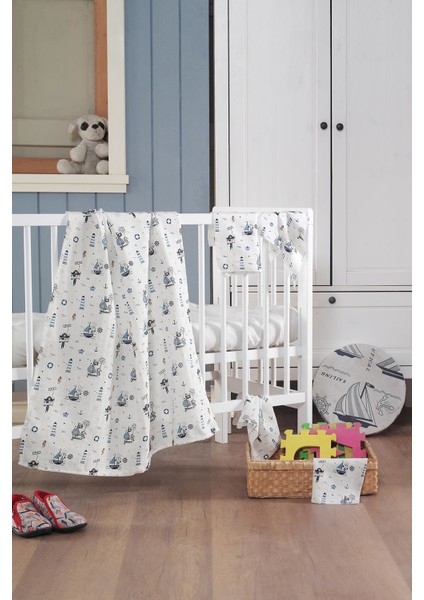 Müslin Bebek Battaniye + Ağız Bezi (4 Lü) 120*120, Mavı, Ruyan