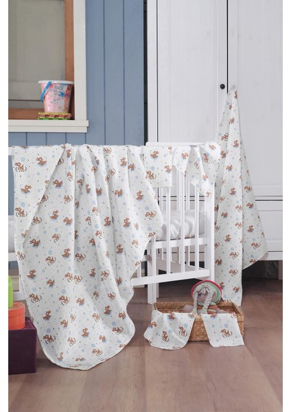 Müslin Bebek Battaniye + Ağız Bezi (4 Lü) 120*120, Mavı, Talıa