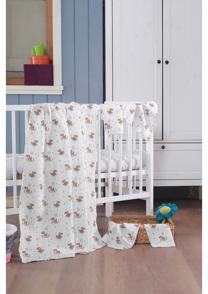 Müslin Bebek Battaniye + Ağız Bezi (4 Lü) 120*120, Mavı, Talıa fiyatları