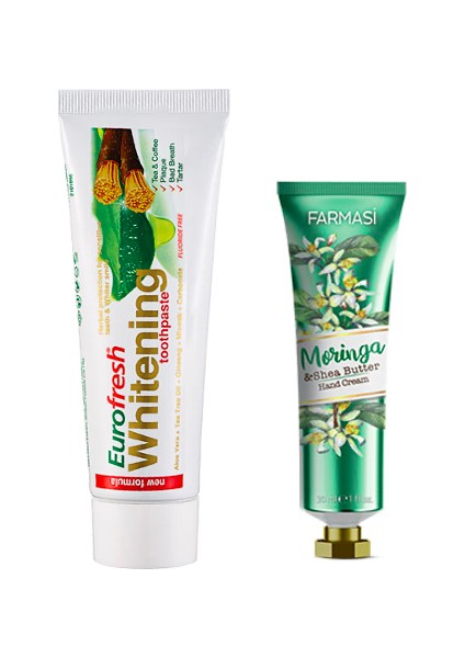 Eurofresh Misvaklı Beyazlatıcı Diş Macunu 112 G ve Farmasi Morınga & Shea Yagı El Kremi 30 ml