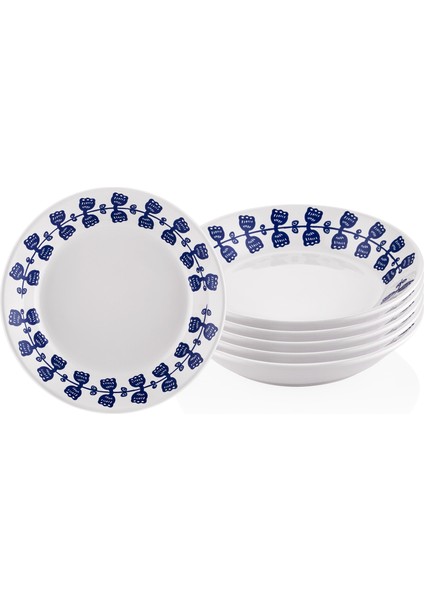Bloom Çiçek Desen Mavi Beyaz 6 lı 20 cm Stoneware Yemek Tabağı BLM0010
