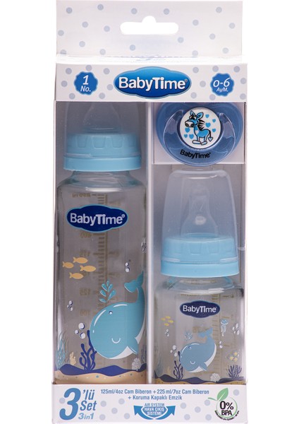 Baby Time Mavi 3'lü Cam Biberon Set