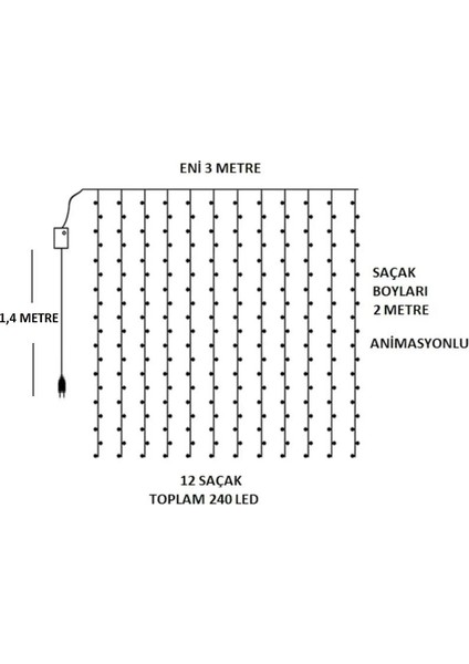 3x2 Metre Perde LED Animasyonlu 12 Saçaklı 240 Ledli Fişli Eklenebilir 8 Fonksiyonlu