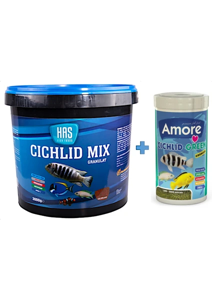 Cichlid Mix 3 kg Kova + Amore Cichlid Green 1000ML Kutu Akvaryum Balık Yemi