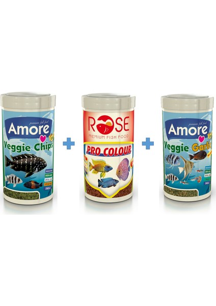 Elite Veggie Pro Green Algae 250 ml + Pro Colour Chips 250 ml + Veggie Garlic 250 ml Tropikal Balık Yemi