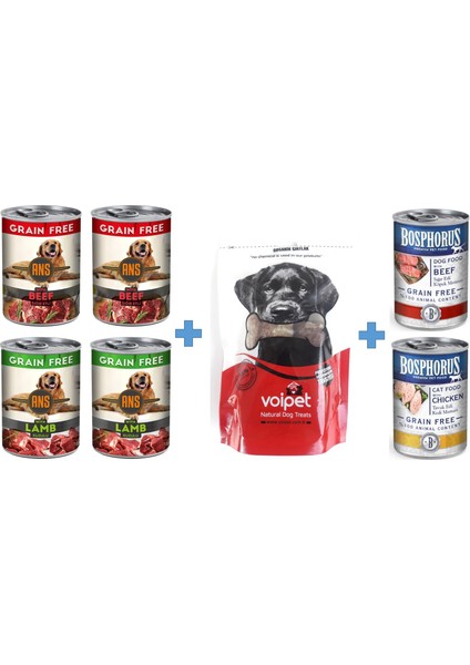 Kuzu Sığır ve Tavuk Etli 6 x 415 gr Grain Köpek Konservesi + Organik Ödül Gırtlak