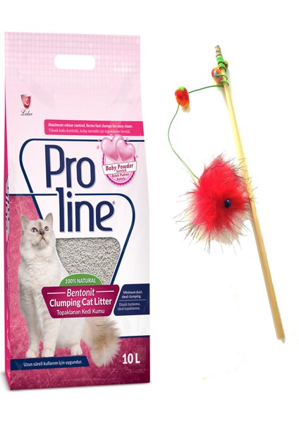Pro Line Proline Bebek Pudrası Kokulu Ince Taneli Kedi Kumu 10 Lt+Zilli Lastikli Kedi Oltası