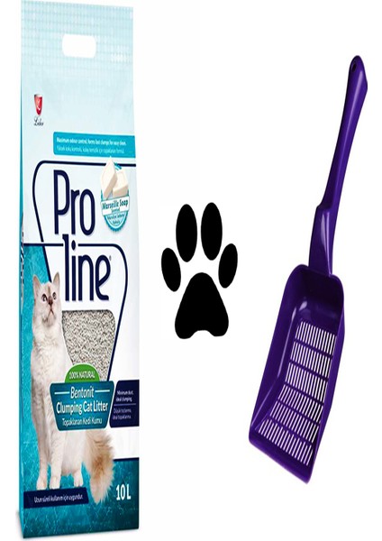 Marsilya Sabunu Kokulu Ince Bentonit Doğal Kedi Kumu 10 lt + Büyük Geniş Delikli Kedi Kumu Küreği 27 cm