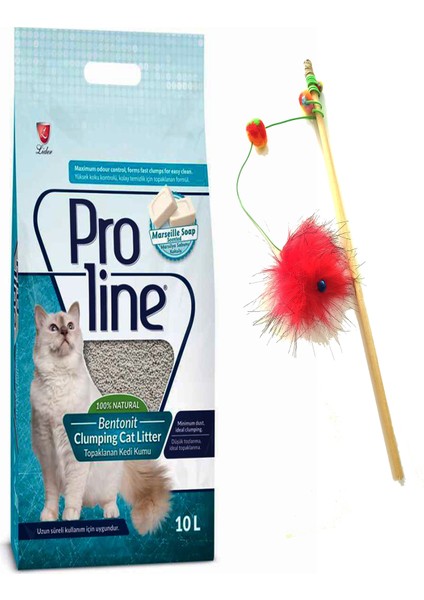 Pro Line Proline Marsilya Sabunu Kokulu Ince Bentonit Doğal Kedi Kumu 10 Lt+Zilli Lastikli Kedi Oltası
