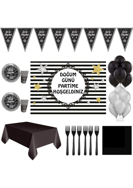 Siyah Gümüş 24 Kişilik Doğum Günü Süsleri Afişli