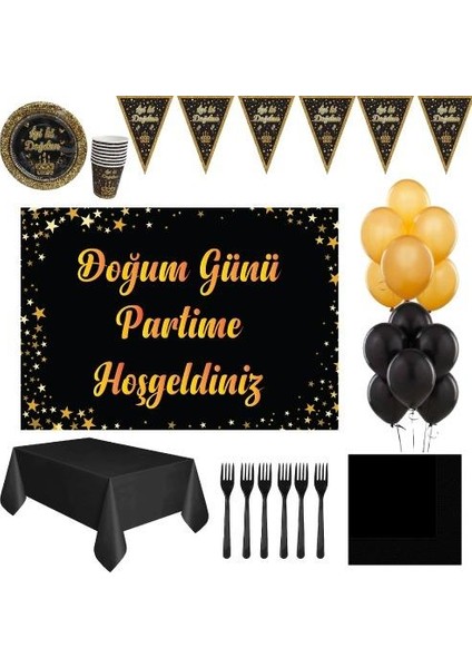 Siyah Gold 24 Kişilik Doğum Günü Süsleri Afişli