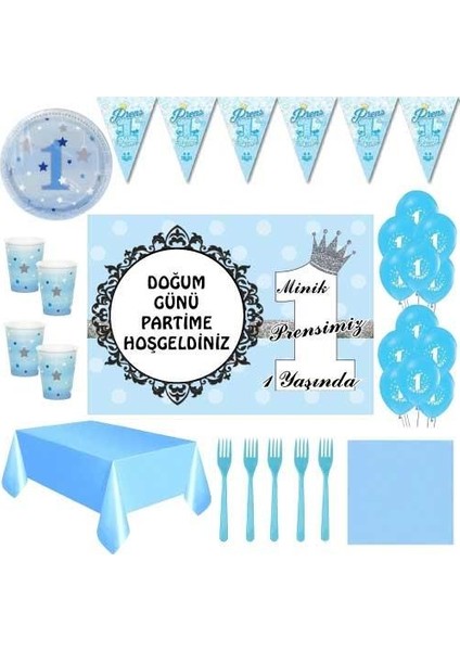 1 Yaş Erkek 8 Kişilik Doğum Günü Süsleri Afişli