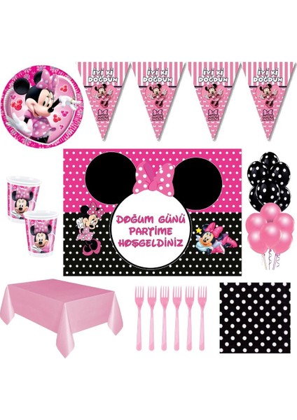Minnie Mouse Puantiyeli 24 Kişilik Doğum Günü Süsleri Afişli