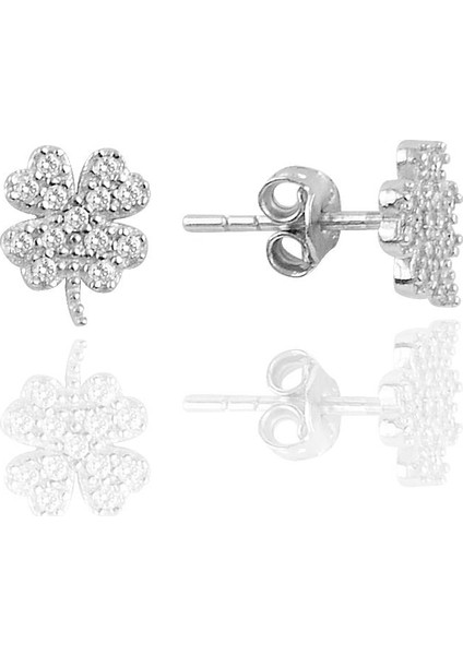 Gümüş Rodyumlu Zirkon Taşlı Yonca Küpe