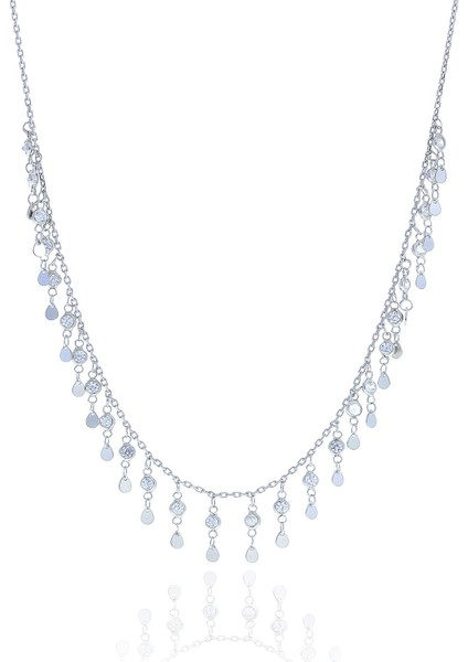 Gümüş Rodyumlu Zirkon Taşlı Damla Pullu Kolye