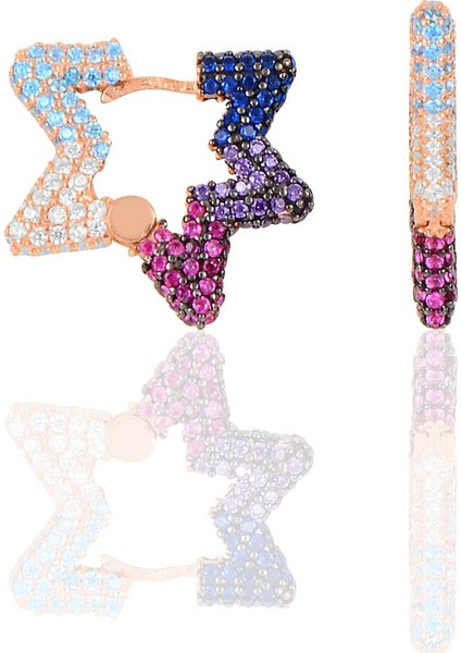 Gümüş Rose Renkli Taşlı Özel Tasarım Star Küpe