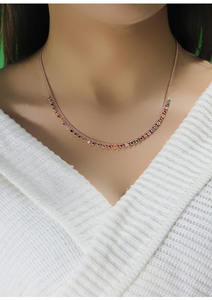 Gümüş Rose Renkli Taşlı Gurmet Zincirli Kolye fiyatları