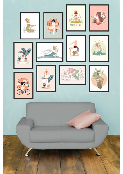 12 Parça Çerçeve Görünümlü Mdf Tablo Seti Yoga - Meditasyon Temalı Illustrasyon Tablo