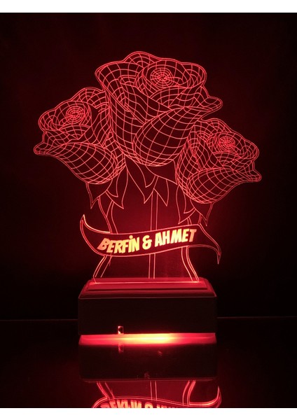 Kişiye Özel 3D 3 Gül ve Sonsuzluk 16 Renk Gece Lambası