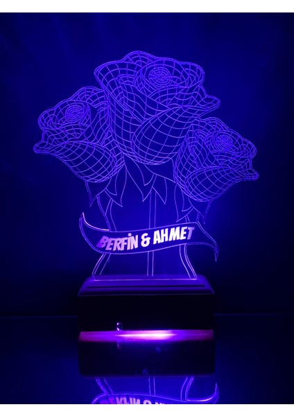 Kişiye Özel 3D 3 Gül ve Sonsuzluk 16 Renk Gece Lambası