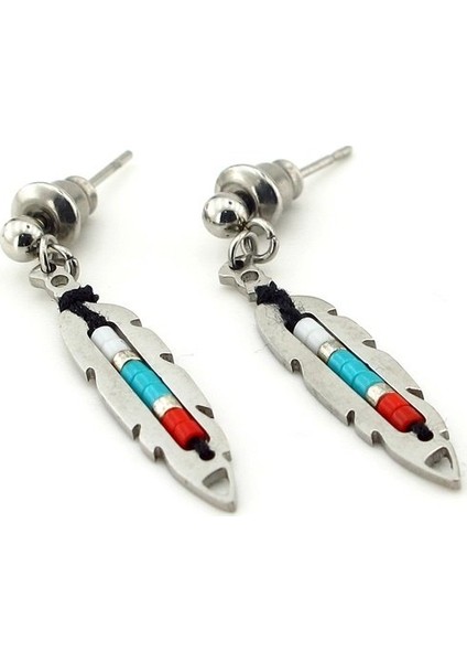 Kızılderili Şans Tüyü Renkli Sallantılı Unisex Çelik Küpe E778