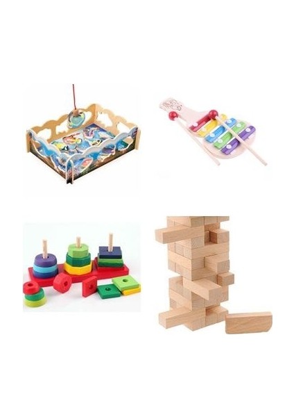 Wooden Toys Ahşap Eğitici Balık Tutma +5 Notalı Selefon + Denge oyunu + Geometrik Şekiller 4'lü Set