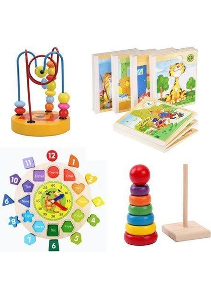 Wooden Toys Ahşap Mini Koordinasyon Raınbow Bultak Kule Kitap Puzzle Saat Geometrik 4'lü Set