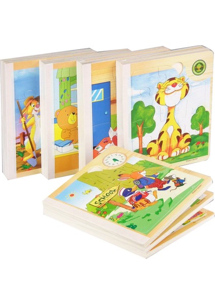 Wooden Toys Ahşap Mini Koordinasyon Raınbow Bultak Kule Kitap Puzzle Saat Geometrik 4'lü Set