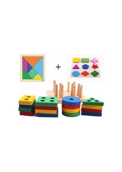 Wooden Ahşap Zeka Eğitici Oyuncak Geometrik Şekiller + Tahta Geçmeli Bultak + Ahşap Tangram