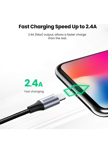 UGREEN Lightning to USB-A Örgülü MFi Sertifikalı İphone Hızlı Şarj Kablosu, 1 Metre, Siyah - 60156