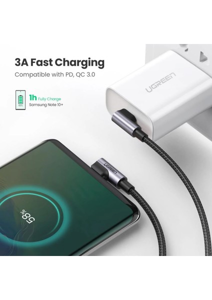 UGREEN USB-C to USB-C 60W 3A QC PD Çift Tarafı 90 Derece Örgülü Hızlı Şarj Kalosu, 1 Metre, Siyah - 70529