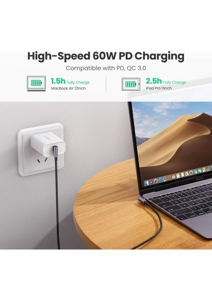 UGREEN USB-C to USB-C 60W 3A QC PD Çift Tarafı 90 Derece Örgülü Hızlı Şarj Kalosu, 1 Metre, Siyah - 70529