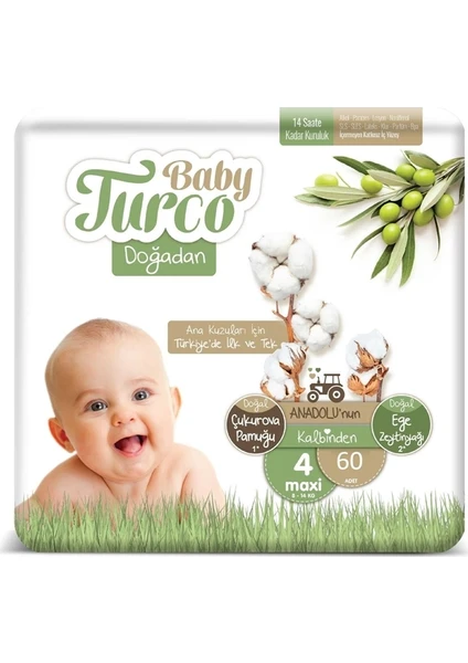 Baby Turco Doğadan 4 Numara Bebek Bezi 8-14 kg Maxi 60'lı