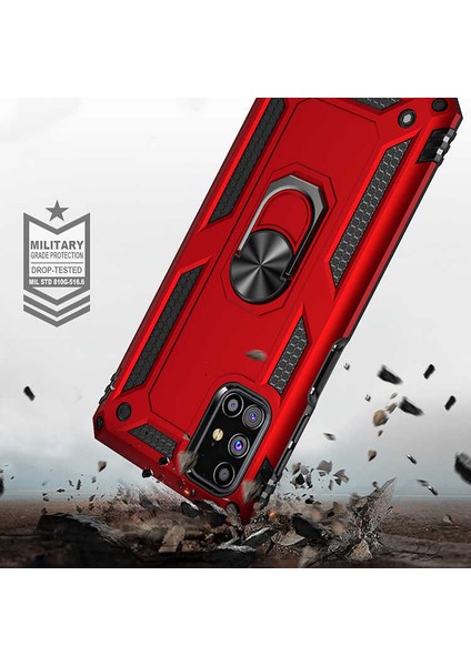 Samsung Galaxy M31S Kılıf Çift Katmanlı Yüzüklü Manyetik Vega Kapak Gümüş