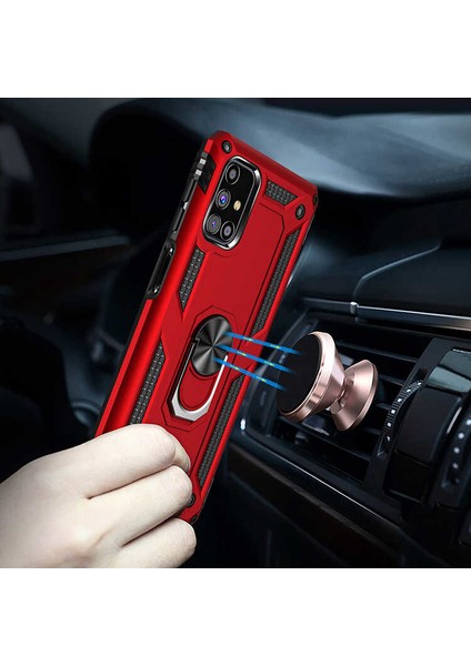 Samsung Galaxy M31S Kılıf Çift Katmanlı Yüzüklü Manyetik Vega Kapak + Tam Kaplayan 5d Cam Ekran Koruyucu Kırmızı modelleri