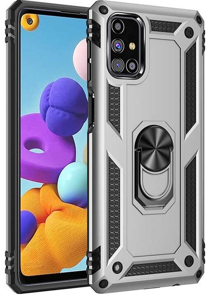 Samsung Galaxy M31S Kılıf Çift Katmanlı Yüzüklü Manyetik Vega Kapak Gümüş