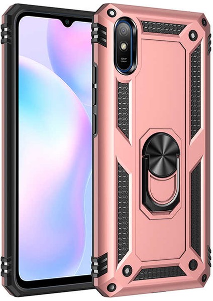 - Xiaomi Redmi 9A - Kılıf Yüzüklü Zırh Tank Vega Kapak - Rose Gold - T15547