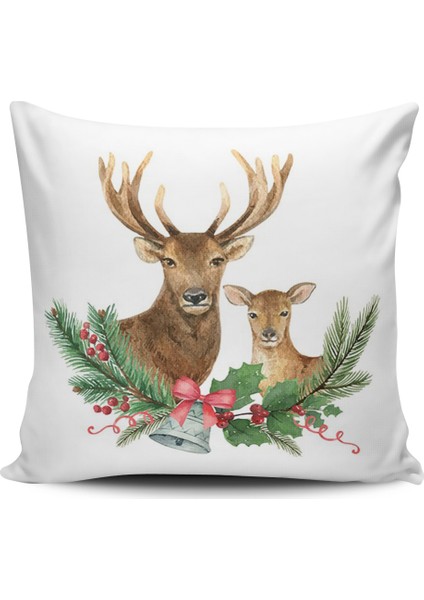 Yılbaşı Geyik Temalı Dijital Baskılı Kırlent Kılıfı