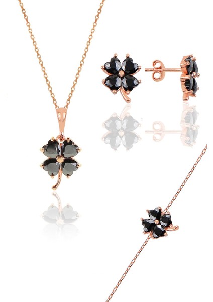 Gümüş Rose Siyah Renkli Yonca Modeli Üçlü Set