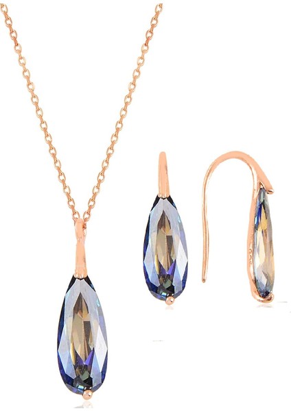 Gümüş Rose Mavi Mistik Taşlı Damla Kolye ve Küpe Ikili Gümüş Set