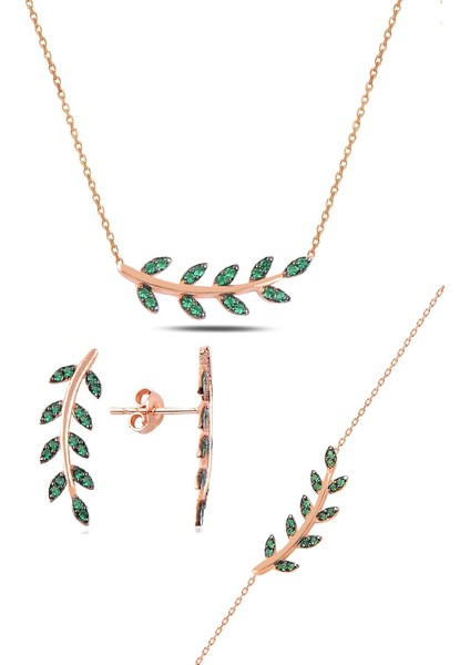 Gümüş Rose Yeşil Taşlı Yaprak Üçlü Set