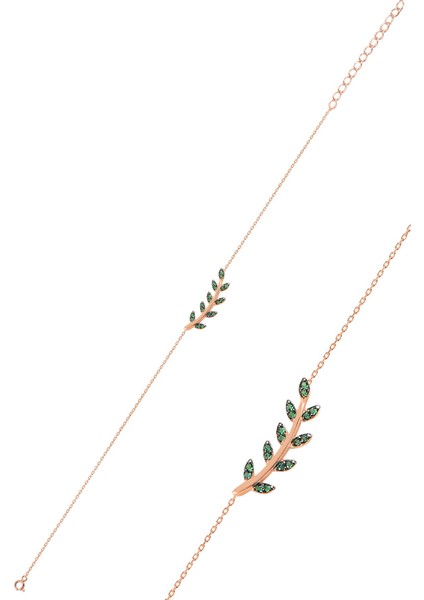 Gümüş Rose Yeşil Taşlı Yaprak Üçlü Set modelleri