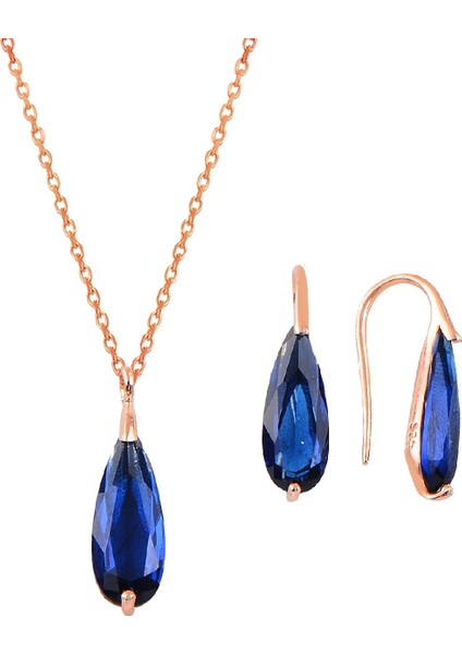 Gümüş Rose Lacivert Taşlı Damla Kolye ve Küpe Ikili Gümüş Set