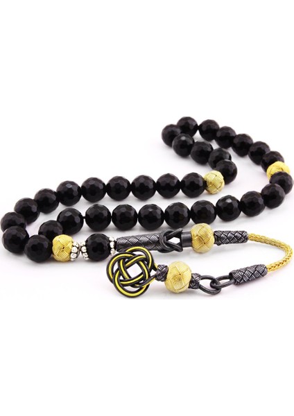 1000 Ayar Gümüş Kazaz Püsküllü Faset Küre Kesim Sarı-Siyah Oniks Doğaltaş Tesbih