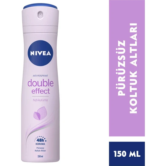 Nivea Kadın Sprey Deodorant Double Effect 48 Saat Anti-perspirant Koruma 150 ml, Pürüzsüz Koltuk Altları