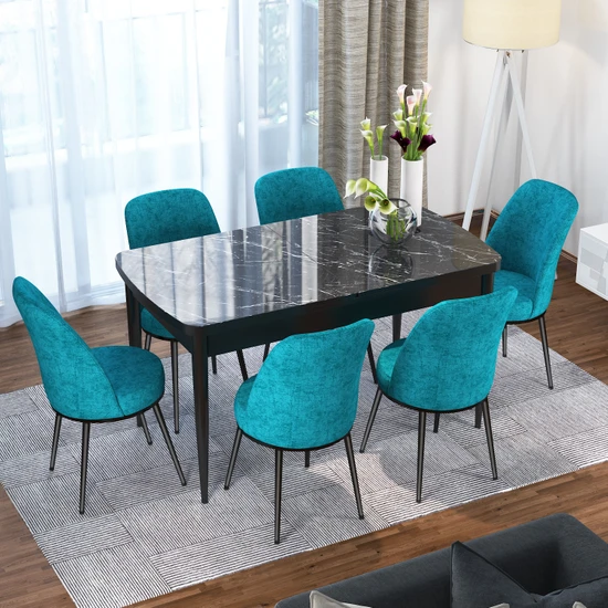 Canisa Concept Via Serisi Açılabilir Mutfak Masa Takımı- Siyah Mermer Desen Masa+6 Adet Sandalye