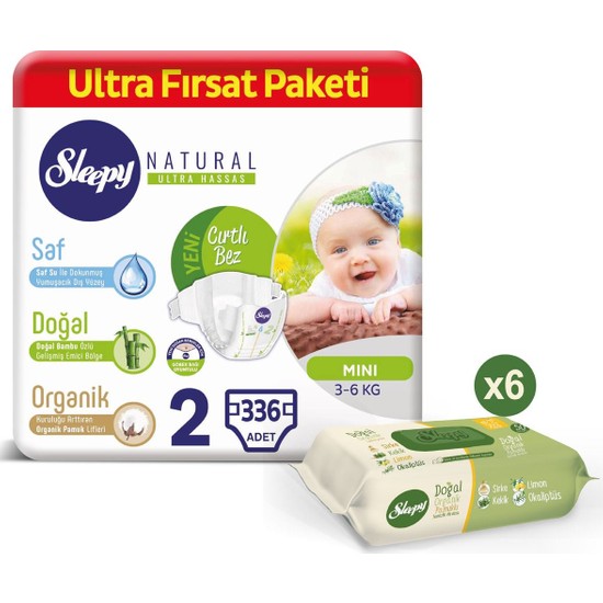 Sleepy Natural Bebek Bezi 2 Numara Mini 336 Adet + 6X50 Fiyatı